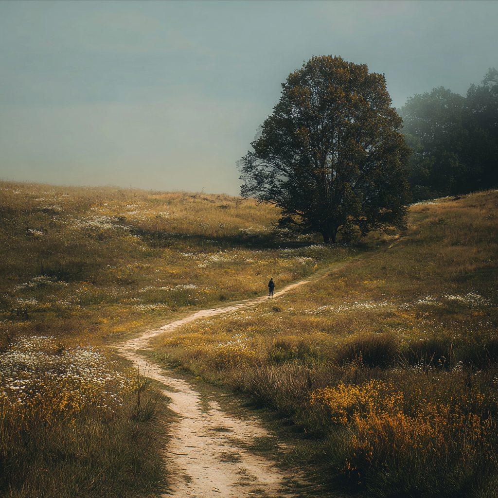a person walking on a path through a meadow